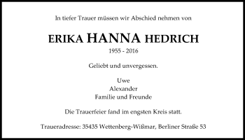 Traueranzeige von Erika Hanna Hedrich von Gießener Allgemeine, Alsfelder Allgemeine