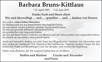 Traueranzeige von Barbara Bruns-Kittlaus von Wetterauer Zeitung, Wetterauer Zeitung
