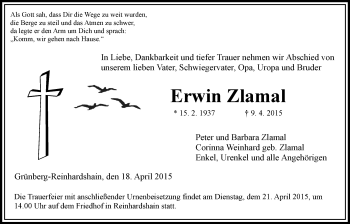 Traueranzeige von Erwin Zlamal von Gießener Allgemeine, Alsfelder Allgemeine