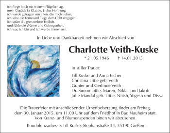 Traueranzeige von Charlotte Veith-Kuske von Wetterauer Zeitung, Wetterauer Zeitung
