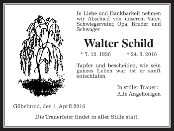 Traueranzeige von Walter Schild von Heimatzeitung Grünberg + Laubach, Laubacher Anzeiger