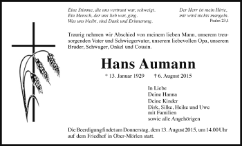 Traueranzeige von Hans Aumann von Wetterauer Zeitung, Wetterauer Zeitung