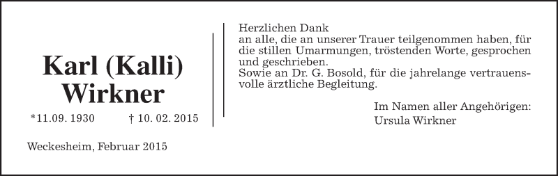  Traueranzeige für Karl Wirkner vom 14.03.2015 aus Wetterauer Zeitung, Wetterauer Zeitung