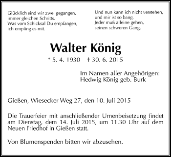 Traueranzeige von Walter König von Gießener Allgemeine, Alsfelder Allgemeine