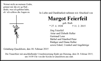 Traueranzeige von Margot Feierfeil von Gießener Allgemeine, Alsfelder Allgemeine