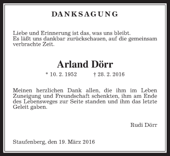 Traueranzeige von Arland Dörr von Gießener Allgemeine, Alsfelder Allgemeine