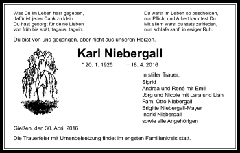 Traueranzeige von Karl Niebergall von Gießener Allgemeine, Alsfelder Allgemeine