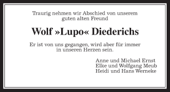 Traueranzeige von Wolf Diederichs von Wetterauer Zeitung, Wetterauer Zeitung