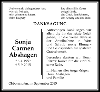 Traueranzeige von Sonja Carmen Abshagen von Licher Wochenblatt, Licher Wochenblatt, Licher Wochenblatt