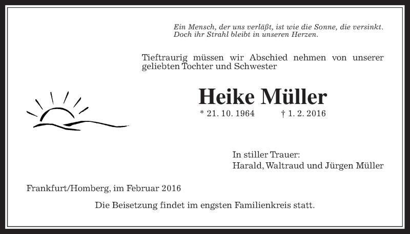  Traueranzeige für Heike Müller vom 12.02.2016 aus Alsfelder Allgemeine