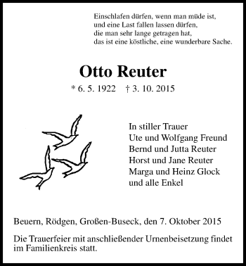 Traueranzeige von Otto Reuter von Gießener Allgemeine, Alsfelder Allgemeine