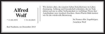Traueranzeige von Alfred Wolf von Wetterauer Zeitung, Wetterauer Zeitung