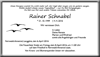 Traueranzeige von Rainer Schnabel von Gießener Allgemeine, Alsfelder Allgemeine