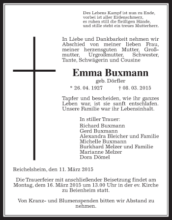 Traueranzeige von Emma Buxmann von Wetterauer Zeitung, Wetterauer Zeitung