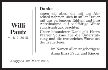 Traueranzeige von Willi Pautz von Gießener Allgemeine, Alsfelder Allgemeine