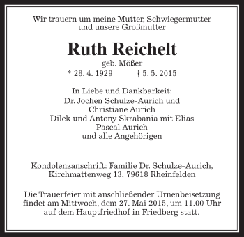 Traueranzeige von Ruth Reichelt von Wetterauer Zeitung, Wetterauer Zeitung