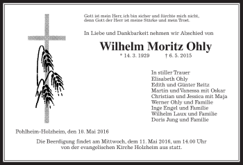 Traueranzeige von Wilhelm Moritz Ohly von Gießener Allgemeine, Alsfelder Allgemeine