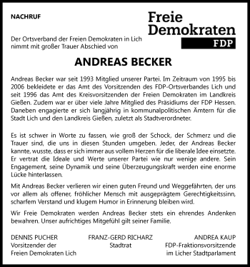 Traueranzeige von Andreas Becker von Licher Wochenblatt, Licher Wochenblatt, Licher Wochenblatt