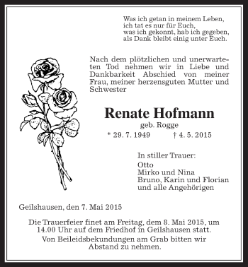 Traueranzeige von Renate Hofmann von Gießener Allgemeine, Alsfelder Allgemeine