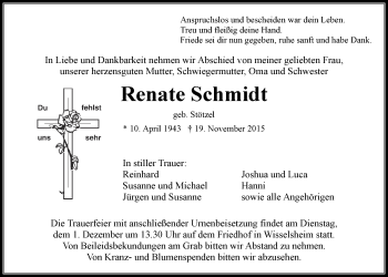 Traueranzeige von Renate Schmidt von Wetterauer Zeitung, Wetterauer Zeitung
