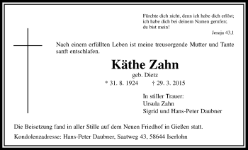 Traueranzeige von Käthe Zahn von Gießener Allgemeine, Alsfelder Allgemeine