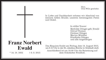 Traueranzeige von Franz Norbert Ewald von Wetterauer Zeitung, Wetterauer Zeitung