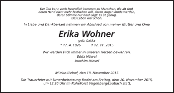 Traueranzeige von Erika Wohner von Mücker Stimme