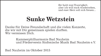Traueranzeige von Sunke Wetzstein von Wetterauer Zeitung, Wetterauer Zeitung