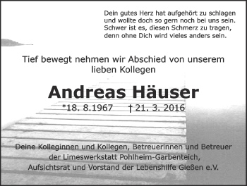 Traueranzeige von Andreas Häuser von Gießener Allgemeine, Alsfelder Allgemeine