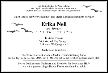 Traueranzeige von Erika Nell von Gießener Allgemeine, Alsfelder Allgemeine