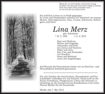 Traueranzeige von Lina Merz von Alsfelder Allgemeine