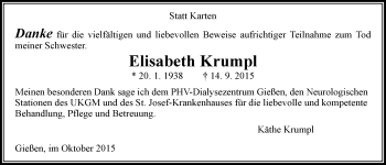 Traueranzeige von Elisabeth Krumpl von Gießener Allgemeine, Alsfelder Allgemeine
