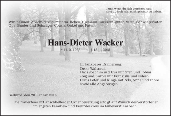 Traueranzeige von Hans-Dieter Wacker von Giessener Allgemeine, Alsfelder Allgemeine