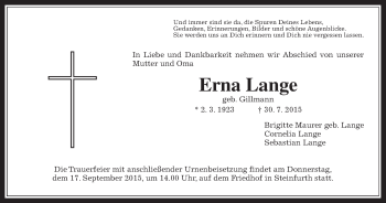 Traueranzeige von Erna Lange von Wetterauer Zeitung, Wetterauer Zeitung