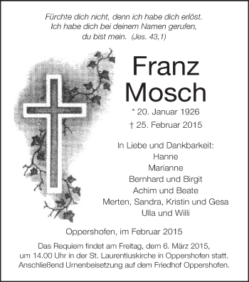 Traueranzeige von Franz Mosch von Wetterauer Zeitung, Wetterauer Zeitung