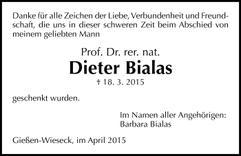 Traueranzeige von Dieter Bialas von Gießener Allgemeine, Alsfelder Allgemeine