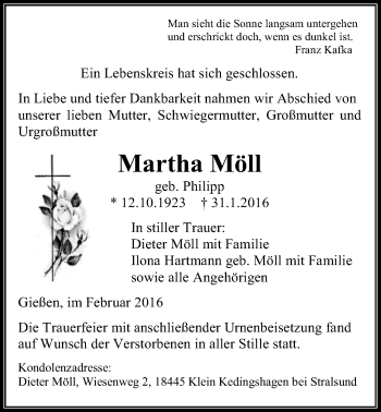 Traueranzeige von Martha Möll von Gießener Allgemeine, Alsfelder Allgemeine
