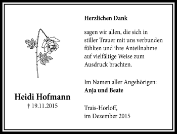 Traueranzeige von Heidi Hofmann von Licher Wochenblatt, Licher Wochenblatt, Licher Wochenblatt