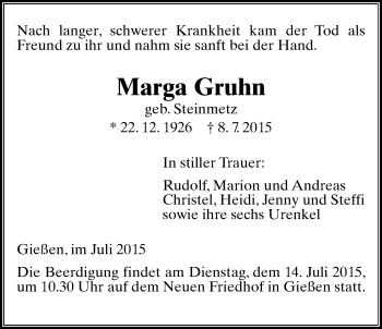 Traueranzeige von Marga Gruhn von Gießener Allgemeine, Alsfelder Allgemeine