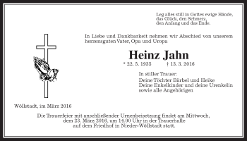 Traueranzeige von Heinz Jahn von Wetterauer Zeitung, Wetterauer Zeitung