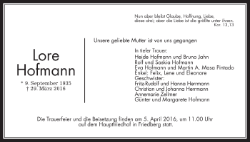 Traueranzeige von Lore Hofmann von Wetterauer Zeitung, Wetterauer Zeitung