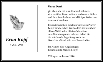 Traueranzeige von Erna Kopf von Licher Wochenblatt, Licher Wochenblatt, Licher Wochenblatt