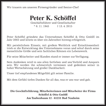 Traueranzeige von Peter K. Schöffel von Wetterauer Zeitung, Wetterauer Zeitung