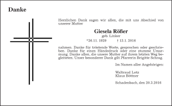 Traueranzeige von Giesela Rößer von Alsfelder Allgemeine