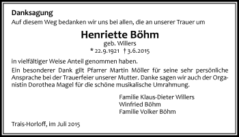 Traueranzeige von Henriette Böhm von Licher Wochenblatt, Licher Wochenblatt, Licher Wochenblatt