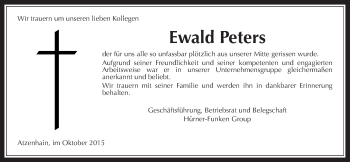 Traueranzeige von Ewald Peters von Gießener Allgemeine, Alsfelder Allgemeine