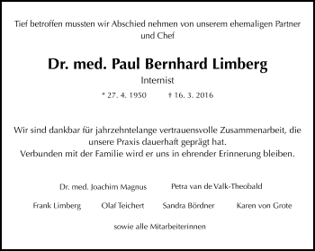 Traueranzeige von Paul Bernhard Limberg von Gießener Allgemeine, Alsfelder Allgemeine