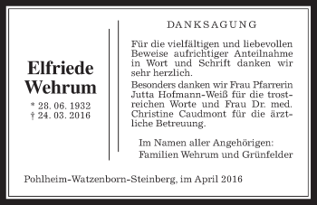 Traueranzeige von Elfriede Wehrum von Pohlheimer Nachrichten
