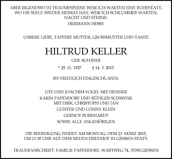 Traueranzeige von Hiltrud Keller von Gießener Allgemeine, Alsfelder Allgemeine