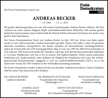 Traueranzeige von Andreas Becker von Gießener Allgemeine, Alsfelder Allgemeine